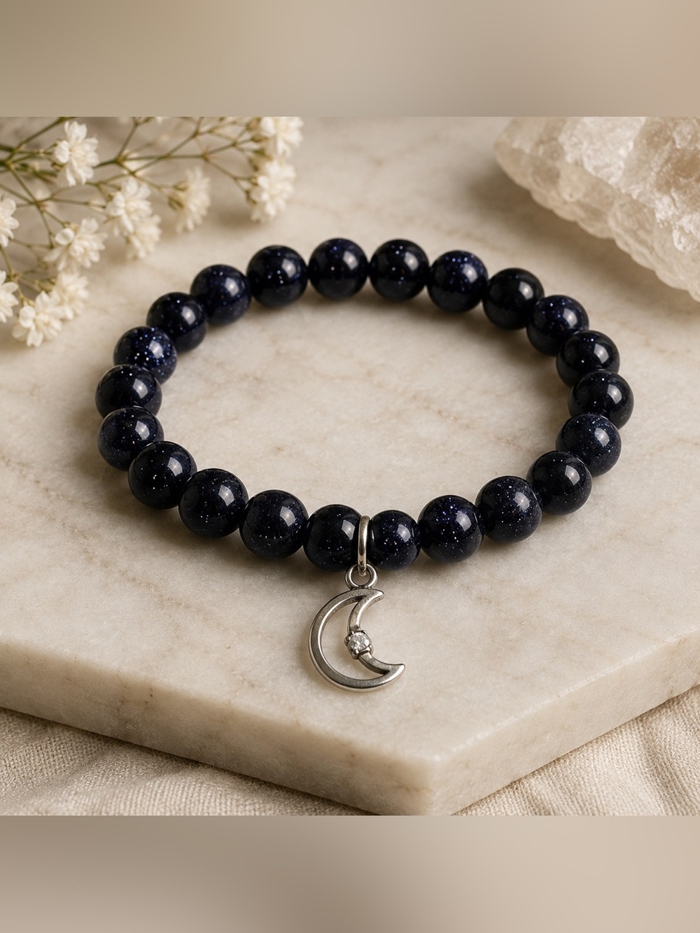 925 Sterling Silver Blue Goldstone Moon Charm Bracelet
